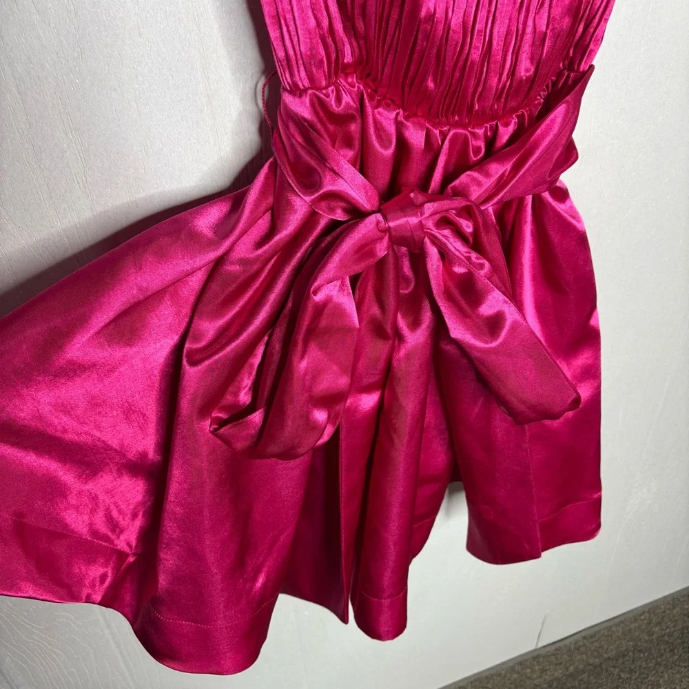 Anthropologie Hot Pink Satin Mini Dress with Bow - Picture 7 of 14